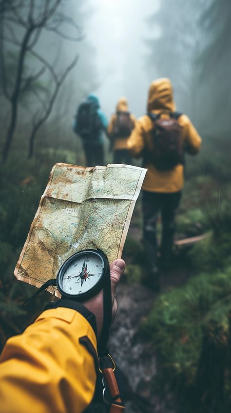 Foggy Hiking Adventure: A group of hikers in yellow jackets navigates a misty forest with a map and compass. #fog #hiking #adventure #map #compass #aiart #aiphoto #stockcake ⬇️ Download and 📝 Prompt 👉 https://ayr.app/l/R9hQ Adventure Athstetic, Exploring The World Aesthetic, People Hiking Illustration, Outdoor Adventure Aesthetic, Adventure Core Aesthetic, Backpacker Aesthetic, Adventurer Aesthetic, Hiking Photo Ideas, Explorer Aesthetic