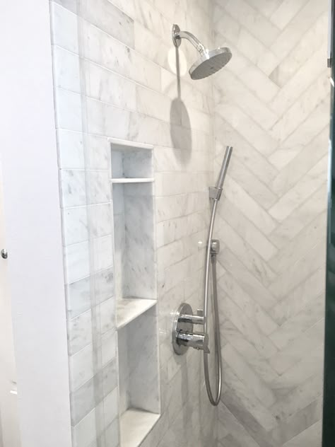 Small shower ideas. Shower niche shelf. Carrara marble, herringbone and subway tile. White bathroom Shower Tile White, Marble Niche, Shower Niche Shelf, Small Shower Ideas, Niche Shelf, White Tile Shower, Marble Herringbone, Shower Wall Tile, Small Shower