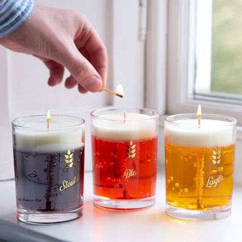 Enjoy a beer whenever you like with our new Beer Candles. Simply pick your preferred tipple from Ale, Stout, or Lager and enjoy the malty, hoppy and roasted scents.Each comes in their own glass, with a gel wax body and a soy wax head.Cheers!60 hour burn time. not given 100% soya wax. Beer Candles, Gel Wax Candles, Cool Beer, Beer Candle, Liquid Candle, Gel Wax, Soya Mumu, Diy Candles Scented, Gel Candles