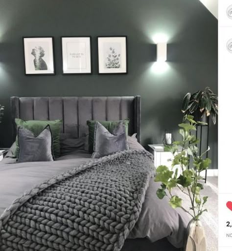 Dark Green And Taupe Bedroom, Sage Green Black Bedroom, Sage Green Bedroom Ideas Inspiration, Sage Green Feature Wall Bedroom, Emerald Green And Grey Bedroom, Green Gray Bedroom, Grey And Green Bedroom Ideas, Grey And Green Bedroom, Green Grey Bedroom