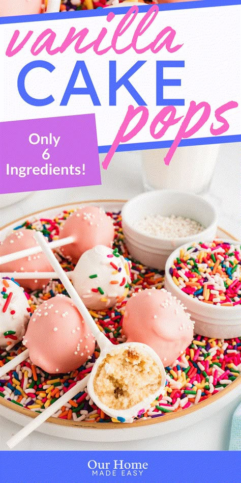 This easy cake pop recipe is the perfect budget-friendly dessert! Made with boxed cake mix, vanilla frosting, and candy melts, these homemade cake pops are great for parties, holidays, or baby showers. #cakepops #starbucks #ourhomemadeeasy #babyshowers #firstbirthday Cake Pop Recipe Easy Box Cake, Simple Cake Pops Recipe, Easy Vanilla Cake Pops, Easy Cake Pops Recipe Simple, Cake Pop Machine Recipes, Dessert Recipes Cake Pops, Simple Cake Pop Recipe, Cake Pop Recipe With Box Cake, How To Decorate Cake Pops