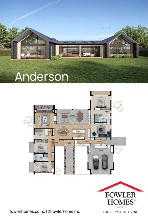 A 307m2 plan that meets your families needs. Download our free Plans Collection online today for more building ideas.  #yourstyleofliving Eco House Plans Layout, 400 M2 House Plan, New Build Layout, Scandi House Plans, Two Family House Plans, Family Village Plans, Australian House Plans, Eco House Plans, Villa Design Architecture Plan