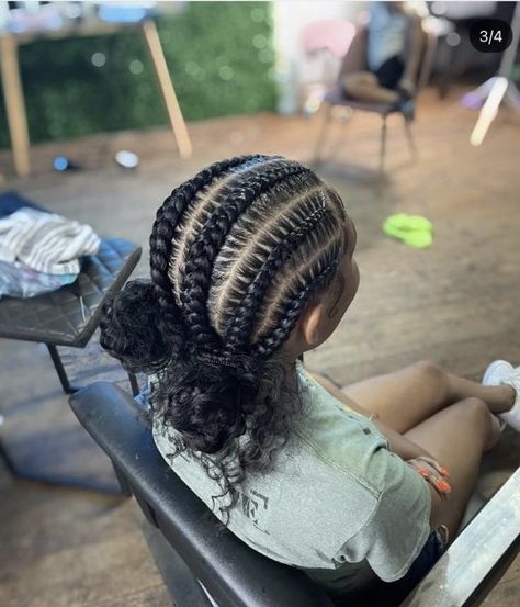 Braids To The Back With Two Buns, Braids In To A Bun, Two Buns Hairstyle With Braids, Two Braids Black Hair, Cornrows With Buns In The Back, Stitch Bun With Curls, Natural Stitch Braids, Braid Back Bun, Four Stitch Braids In Two Buns