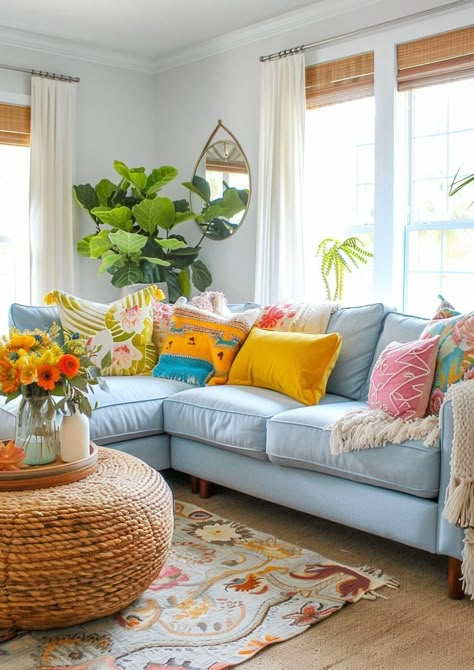 Home Decor With Color Accents, Vibrant Color Home Decor, Farmhouse Bright Colors, Bright Happy Home Decor, Bright Decor Living Room, Bright Lounge Ideas, Home Aesthetic Colorful, Colorful Bright Living Room, Colorful Living Room White Couch