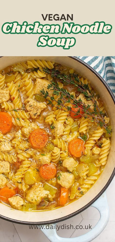 Vegan Chicken Noodle Soup Vegan Get Well Soup, Vegan Chicken And Rice Soup, Plant Based Chicken Noodle Soup, Vegan Soups For Sick Days, Chicken Noodle Soup Vegetarian, Vegan Healing Recipes, Vegan Chicken Soup Recipes, Vegan Soup For Colds, Vegan Chicken Soup