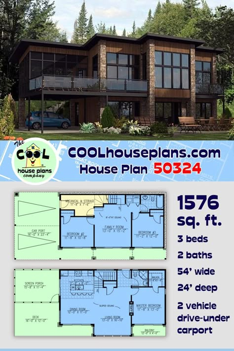 Two story modern house plan with 1,576 sq. ft., three bedrooms, and two bathrooms. The first floor or ground level has two bedrooms and a bathroom with a two car drive under carport. This modern design has lots of windows for a grand view. On the second floor, the master suit and living space have access to a fantastic screened porch that will let the sun shine in. Contemporary style house plan with a popular floor plan. #COOLhouseplans #modernhome #HouseWithaView #houseplans Cabin Barndominium Floor Plans, Small Modern Home Layout, Two Story Shed House Floor Plans, 4 Bedroom Cabin Floor Plans With Loft, Cabins With Garage Underneath, House Plans Garage Underneath, Cabin With Bunk Room Floor Plans, Scandinavia House, Best Tiny House