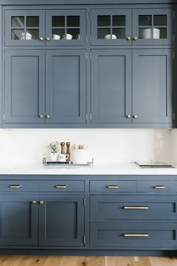 Cabinets: Evening Dove by Benjamin Moore.  New Build – Shop House of Jade Blue Gray Kitchen, Blue Gray Kitchen Cabinets, Grey Blue Kitchen, Gray Kitchen Cabinets, Kabinet Dapur, Blue Kitchen Cabinets, Gray Kitchen, Blue Cabinets, Grey Kitchen Cabinets