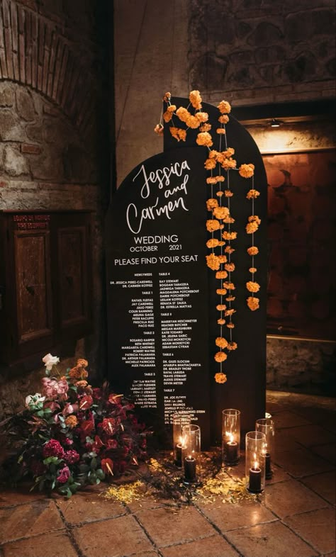 Halloween Wedding Altar, Asta La Muerte Wedding, Book Of Life Wedding Theme, Dark Mexican Theme Wedding, Goth Wedding Seating Chart, Halloween Wedding Bridesmaids, Moody Mexican Wedding, Wedding Ofrenda, Halloween Wedding Ceremony Decor