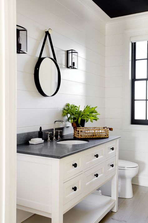 Using rich textures and dramatic contrasts, designer Tamara Magel creates a glamorous and relaxed space for a busy family of four. Rustic Farmhouse Bathroom, Farmhouse Bathroom Decor Ideas, Farmhouse Bathroom Vanity, Rustic Bathroom Vanities, Farmhouse Tile, Black Tile, Bad Inspiration, Modern Farmhouse Bathroom, Country Homes