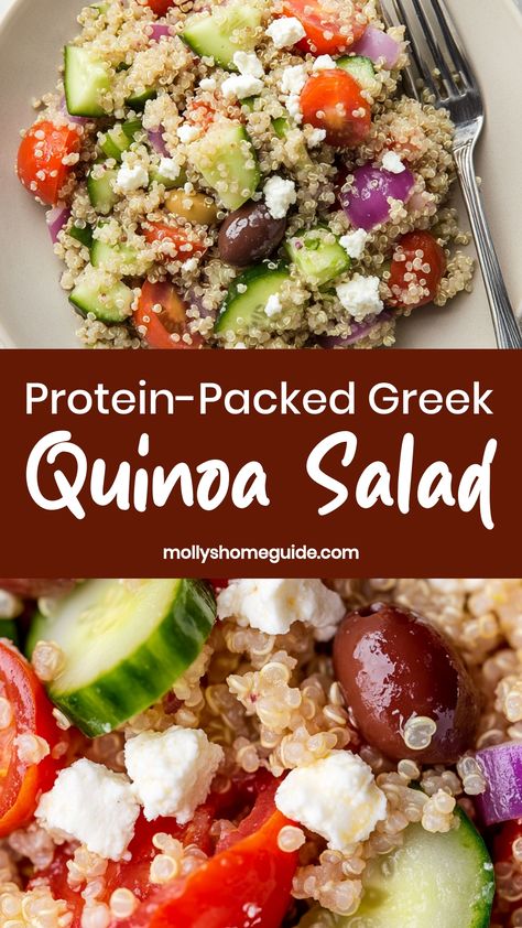 Indulge in the vibrant flavors of a refreshing Greek Quinoa Salad. Packed with nutritious ingredients like quinoa, tomatoes, cucumbers, olives, feta cheese, and a zesty lemon herb dressing, this salad is a perfect blend of fresh and savory. Whether you're looking for a wholesome lunch option or a satisfying side dish for dinner, this Greek-inspired salad is sure to delight your taste buds. Mediterranean Quinoa Bean Salad, Healthy Lunch Quinoa, Healthy Non Heat Lunches, Clean Quinoa Recipes, Garbanzo Quinoa Salad, Macro Friendly Quinoa Recipes, Easy Quinoa Lunch Recipes, Greek Salad Quinoa, Tri Color Quinoa Recipes Side Dish