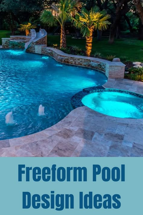 Check out these creative freeform swimming pool design ideas to inspire your next pool project! Inground Freeform Pool Ideas, Pool Designs With Waterfalls, Inground Pool Ideas With Tanning Ledge, Standard Pool Size, Large Inground Pool Ideas, Pool With Concrete Surround, Freeform Pool With Waterfall, In Ground Swimming Pool Ideas, Salt Water Pool Designs