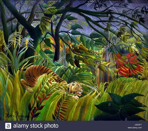 Surprised 1891 Henri Rousseau 1844-1910 France French ( This ... Henry Rousseau, Rousseau Paintings, Henri Rousseau Paintings, Jungle Painting, Jungle Scene, Jungle Art, Art Movements, Tropical Storm, Henri Rousseau