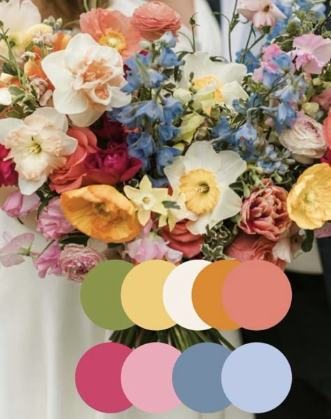 Late June Wedding Colors, Whimsical Color Palette Wedding, Wild Flower Wedding Palette, Wedding Pantone Colour Palettes, Colorful Winter Wedding Flowers, September Wedding Color Pallet, Muted Jewel Tones Color Palettes Wedding, Whimsical Garden Wedding Color Palette, Colorful October Wedding