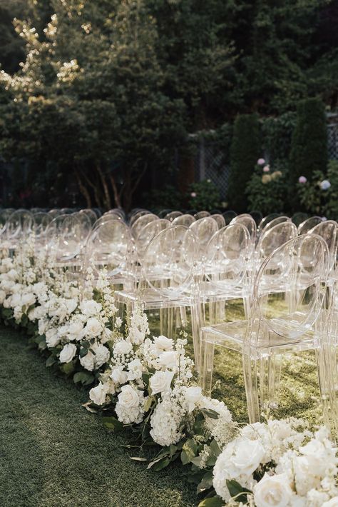 Acrylic Chairs, Wedding Isles, Ghost Chairs, White Wedding Theme, Aisle Flowers, Hydrangeas Wedding, Wedding Aisle Decorations, White Wedding Flowers, Ceremony Flowers