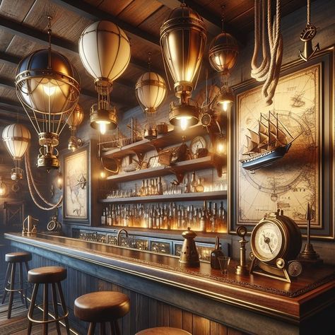 Adventure awaits in every corner. 🗺️✨ Spot the airship models and compasses that bring our steampunk bar to life. #sipthestyle #Steampunk #BarDesign #SteampunkBar Steampunk Room Aesthetic, Steampunk Decor Ideas, Steampunk Cafe, Airship Model, Steampunk Bar, Steampunk Room, Steampunk Rooms, Bar Decor Ideas, Steampunk Aesthetic