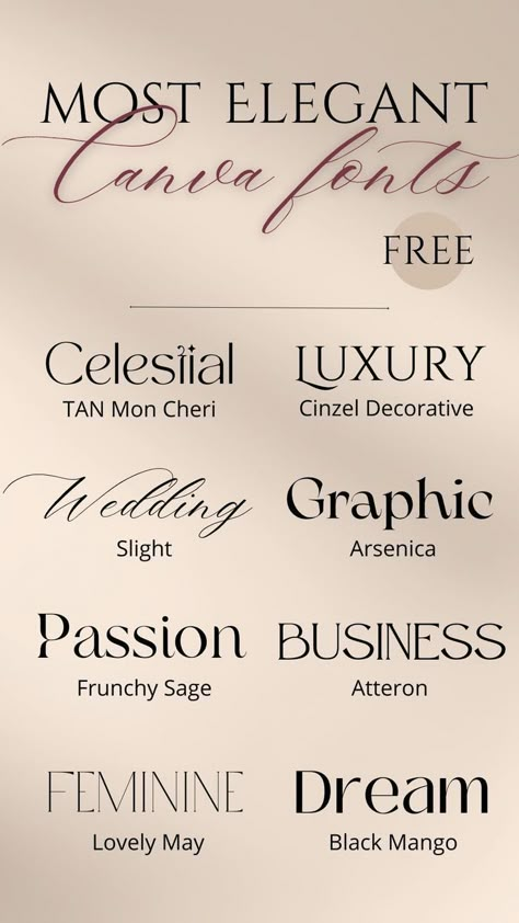 Elegant Fonts For Logo, Formal Fonts In Canva, Fonts In Canva Aesthetic, Canva Fonts Aesthetic Minimalist, Best Canva Fonts Aesthetic, The Best Canva Fonts, Fonts For Website Design, Canva Branding Fonts, Canva Aesthetic Design