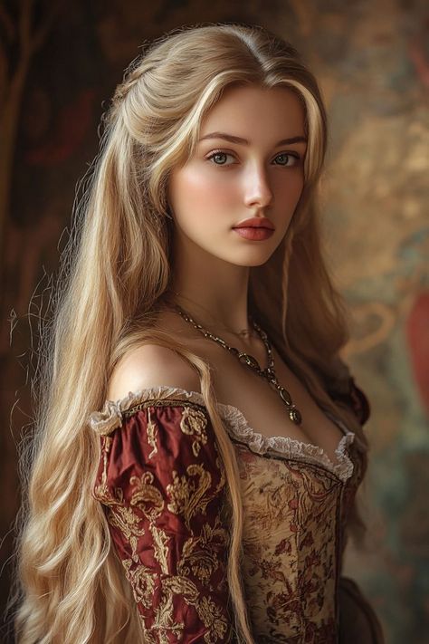 Blonde Female Character Art, Blonde Female Character Inspiration, Fae Woman, Medieval Portrait, Medieval Female, Medieval Queen, Female Book Characters, Noble Woman, Medieval Character