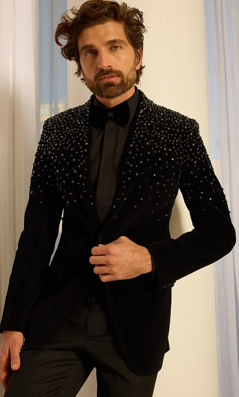 Hand Beaded Suiting | Couture Menswear 3 Piece Suit Men Wedding, Shawl Lapel Suit, Best Wedding Suits For Men, Couture Menswear, Reception Suits, Suit For Men Wedding, Designer Blazers For Men, Wedding Dresses Men Indian, Blazer Outfits Men