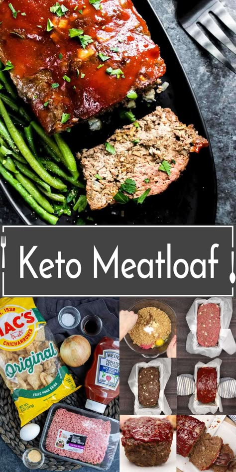 Keto meatloaf is low carb comfort food that is just as good as the original! This easy recipe for a low carb meatloaf is made with pork rinds instead of bread crumbs to give it a soft, moist texture, with lots of flavor. Top it with a low carb sauce of no sugar added ketchup and serve it with green beans or cauliflower mash for a low carb dinner recipe that the whole family will love! Easy Keto Meatloaf, Pork Rind Recipes, Keto Meatloaf, Low Carb Ketchup, Low Carb Comfort Food, Low Carb Meatloaf, Health Lunch, Cauliflower Mash, Low Carb Sauces