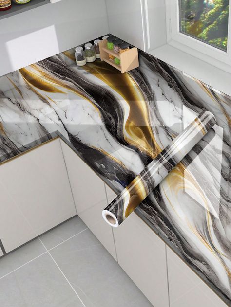 1pc Black Gold Gilt Marble Kitchen Waterproof And Oil-proof Sticker Glossy Self-adhesive Drawer Home Protection Film Desktop Stove Countertop Moisture-proof Self-adhesive Renovation Film Marble WallpaperI discovered amazing products on SHEIN.com, come check them out! Bedroom Marble, Marble Sticker, Backsplash Wallpaper, Marble Vinyl, Kitchen Stickers, Wall Stickers Wallpaper, Kitchen Wall Stickers, Marble Wallpaper, Adhesive Tiles