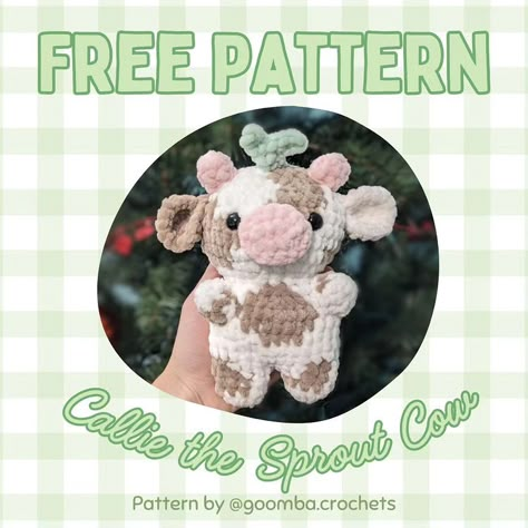 🌱 FREE Callie the Sprout Cow Pattern 🌱 Meet Callie the Sprout Cow 🐮 She is the first of many patterns that will use the same base shape, a… | Instagram Crochet Halloween Cow Pattern Free, Cute Cow Plush, Beginner Crochet Cow Pattern Free, Jumbo Yarn Crochet Ideas, Easy Crochet Cow Pattern Free, Free Cow Crochet Pattern Amigurumi, Crochet Cow Free Pattern Amigurumi, Crochet Patterns Instagram, Small Cow Crochet Pattern Free