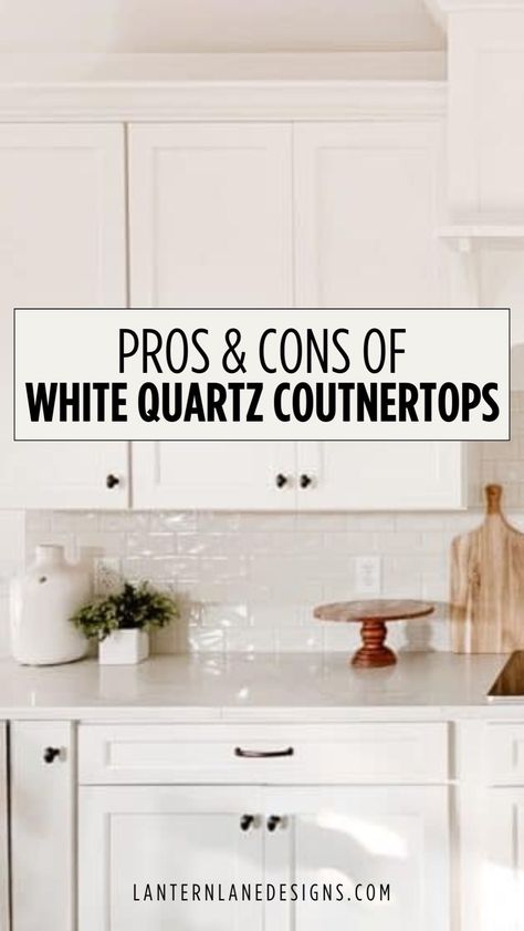 Considering white quartz counters for your kitchen remodel? Our blog post explores the pros and cons of this popular choice in kitchen countertops. Discover why white quartz is a top contender for durability and style, and learn about potential drawbacks to help you make an informed decision for your kitchen remodel. White Quartz White Cabinets, Modern White Countertops, Kitchen Backsplash With White Quartz, Quartz Countertops With Subway Tile Backsplash, Quartz Overlay Countertop, White Cabinets Kitchen Light Countertops, Kitchen Remodel White Counter Tops, Plain White Countertops Kitchen, Kitchens With White Quartz Countertops