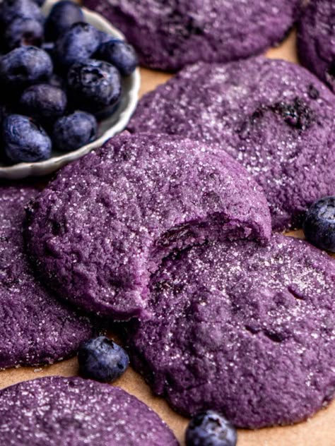 Purple Baked Goods, Baking Recipes With Blueberries, Chewy Blueberry Cookies, Purple Cookies Recipe, Cookie Recipes Blueberry, Blueberry Lavender Cookies, Mixed Berry Cookies, Creative Biscuit Ideas, Blueberry Cake Mix Cookies