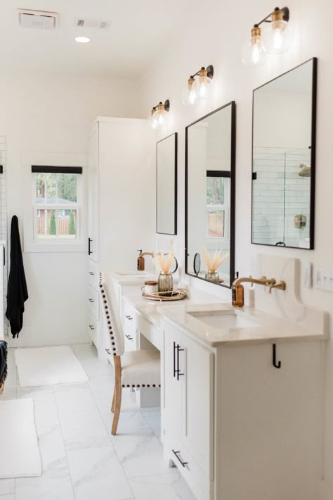 Bathroom Vanity Master, Vanity 3 Mirrors, Owner Suite Bathroom Ideas, Bath Makeup Vanity, Ensuite Mirror, Owners Suite Bathroom, His And Her Vanity, Bathroom Vanity With Makeup Area, Master Bath Mirror