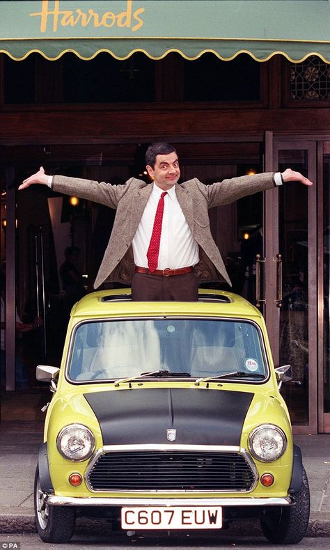 Way back when: Mr Bean, pictured here in 1996, got into many sticky situations behind the wheel of his iconic 1976 British Leyland Mini 1000 Wedding Jokes, Mr Bean Cartoon, Mr Bean Funny, Mini Morris, Rowan Atkinson, Mini Cooper Classic, Tv Cars, Mini Coopers, Mr Bean