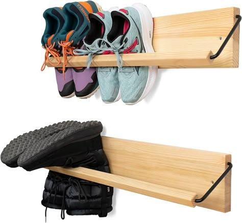 Amazon.com: Wall Mounted Shoe Rack - Wooden Entryway Shoe Rack - Hallway Stylish Shoe Rack Wall Mounted - Minimal Design Narrow Shoe Rack for entryway to Keep Any Shoes Off The Floor (Pine, 30 in. Wide) : Home & Kitchen Peg Boot Rack, Shallow Wall Shoe Storage, Boot Storage In Closet, Wall Hanging Shoe Storage, Shoe Storage Behind Door, Small Space Shoe Storage Entryway, Garage Coat And Shoe Storage, Diy Wall Shoe Rack, Garage Shoe Storage Ideas