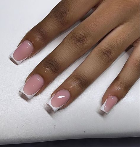 Normal Nails Design Short, Coloured Square French Tip Nails, Milky Pink Nails French Tip, Small White Tip Nails, Dipping Powder French Tip Nails, Short Deep French Tip Acrylic Nails, Full Set French Tip, Medium Length French Tip Acrylic Nails, French Base Color