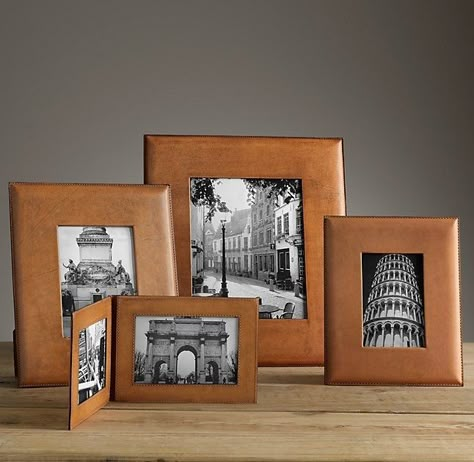 RH's Artisan frames add a stately touch to the nightstand, desk, or mantel; from $85 each. rh.com Leather Home Decor, Leather Picture Frames, Nightstand Desk, Leather Restoration, Leather Scrap, Leather Frames, Leather Artisan, Leather Decor, Leather Ideas