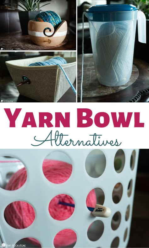 Yarn bowls are great for crocheting and knitting, but can be expensive. Check out this list of 24 AWESOME household Yarn Bowl Alternatives! Crochet Yarn Bowl Pattern Free, Yarn Keeper Diy, Yarn Skein Holder, Yarn Holders Ideas, Diy Yarn Skein Holder, Diy Yarn Bowl Ideas, Diy Yarn Holder Ideas, Diy Yarn Holder Stand, Diy Yarn Bowl How To Make