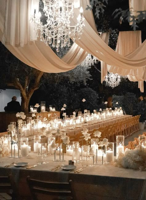 Wedding Aisle Between Tables, Tall Floor Candles Wedding, Romantic Luxury Wedding, Wedluxe Wedding Decor, Wedding Reception Chandeliers, Heavy Candlelight Wedding, Candle Aesthetic Wedding, White And Candle Wedding, All Candle Wedding Reception