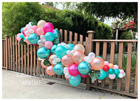 Party Summer Luau Fence Decor' Perfect for Baby Showers  or Bridal Shower. Balloon Fence Decor, Balloon Garland Backyard Fence, Balloon Garland On Fence, Fence Balloon Decor, Balloons On Fence Party Ideas, Balloons On Fence, Tropical Balloon Garland, March Baby Shower, Deco Ballon