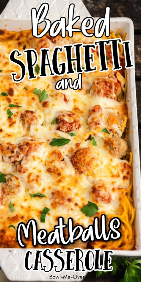 Casserole dish with baked spaghetti, meatballs and cheese with Pinterest overlay. Spagetti And Meatball Recipe, Easy Baked Spaghetti Recipe, Spaghetti Meatball Recipes, Meatball Casserole Recipe, Baked Spaghetti And Meatballs, Easy Baked Spaghetti, Spaghetti Casserole Recipe, Spaghetti Recipes Easy, Baked Spaghetti Recipe