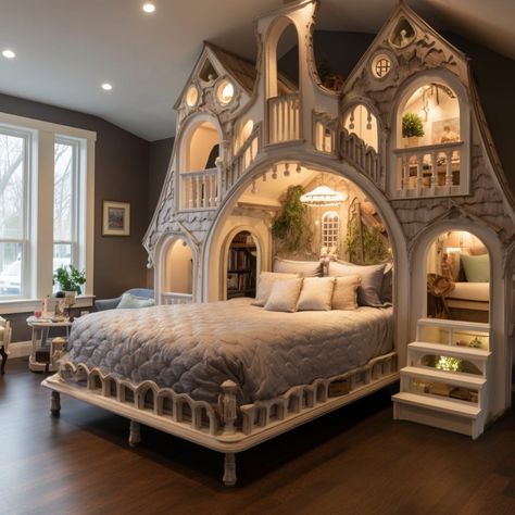 Adult sized bed shaped like a Victorian house at Lilyvolt com Twin Bed For Adults, Princess Beds For Kids, Castle Rooms Bedrooms, Victorian Kids Room, Cinderella Carriage Bed, Coolest Beds, Heart Shaped Bed, Fun Beds, Grandchildren Bedroom