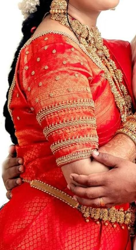 Blouse Sleeves Design Latest Bridal, Red Bridal Blouse Aari Work, Red Blouse Aari Work Designs Simple, Red Colour Bridal Blouse Designs, Red Color Blouse Designs Latest, Red Blouse Aari Work Designs, Work Blouse Hand Designs, Blouse Designes, Wedding Blouses