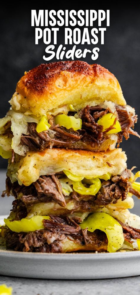 A stack of 2 Mississippi pot roast sliders on a white plate. Roast Sliders, Pot Roast Sliders, Mississippi Recipes, Leftover Pot Roast, Recipes Corn, Leftover Roast Beef, Mississippi Pot, The Stay At Home Chef, Mississippi Roast