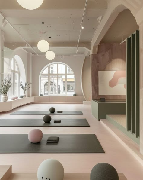 Discover tranquility and style in these serene yoga studio designs 🌸✨ Each space is crafted with soft tones and minimalist decor, creating the perfect environment for relaxation and inner peace. 🧘‍♀️🌿 All by me. #interiordesign #yogastudio #PastelAesthetics #serenespaces #zenvibes #yogainspiration #midjourneydesign Fitness Boutique Interior Design, Barre Studio Design, Colorful Moodboard, Pilates Studio Design Interiors, Pilates Design, Pilates Yoga Studio, Home Pilates Studio, Yoga Studio Interior, Wellness Center Design