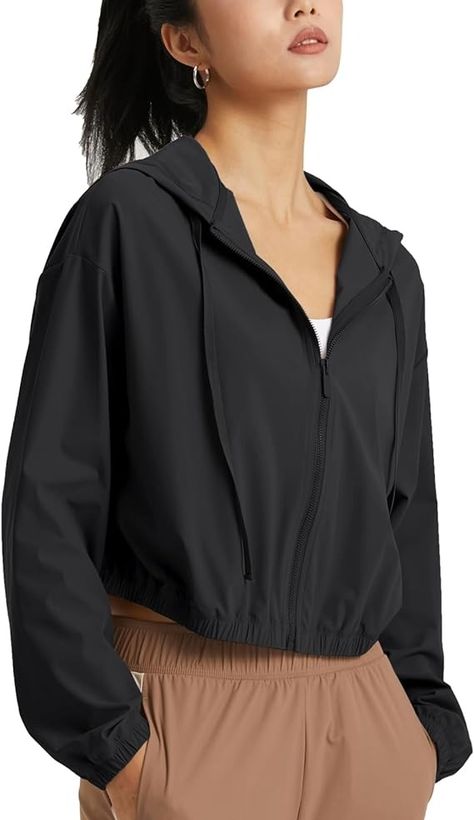 altiland Women's UPF 50+ Sun Protection Cropped Jackets Zip Up Cooling Shirt Athletic Workout Running Hoodie (Black, M) at Amazon Women’s Clothing store Cropped Jackets, Running Hoodie, Athletic Hoodie, Outdoor Jackets, Swimsuit Material, Athletic Workout, Athlete Workout, Workout Running, Athletic Running