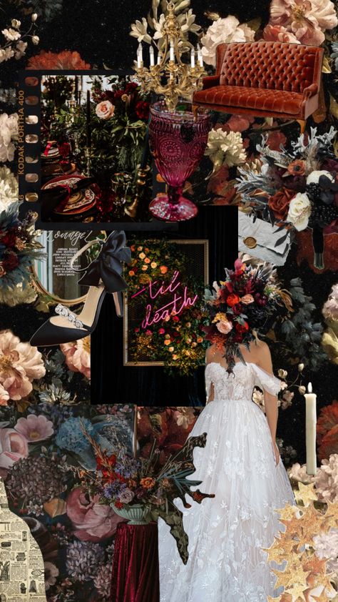 Dark Wedding Mood Board, Romantic Eclectic Wedding, Dark And Moody Wedding Ideas, Black And Moody Wedding, Dark Moody Vintage Wedding, Dark Eclectic Wedding, Diy Moody Wedding Decor, Late October Wedding Colors, Moody Woodsy Wedding