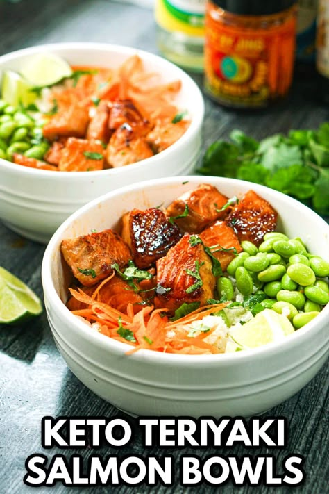 white bowls with keto teriyaki salmon buddha bowls and text Keto Rice Bowl Recipe, Salmon Bowl With Cauliflower Rice, Keto Teriyaki Salmon, Salmon Bowl Low Carb, Salmon Meal Prep Ideas Low Carb, Salmon Food Recipes, Keto Salmon Bowl Recipes, Salmon Keto Bowl, Salmon Keto Dinner