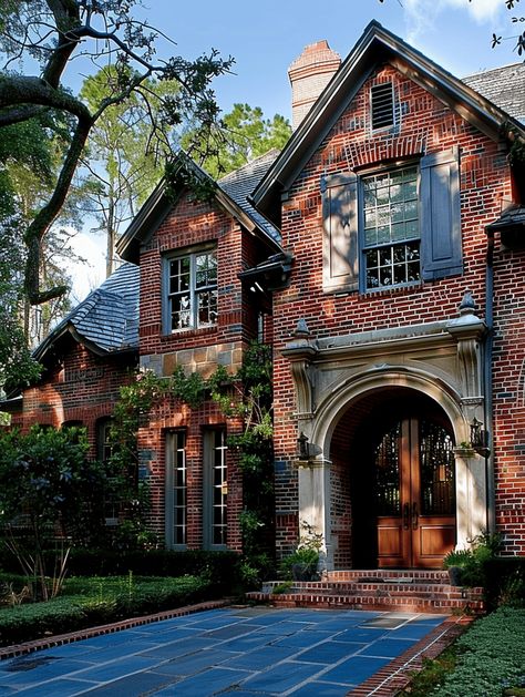 What Color Pavers Go With Red Brick House? Red Brick With Black Roof, Red Brick House With Grey Siding, Red Brick With Green Trim, Red Brick House Accent Colors, White Washed Red Brick Exterior, Old Style Brick Houses, Red Brick House Exterior With Siding, Red Brick Victorian House Exterior, Brick Traditional Exterior