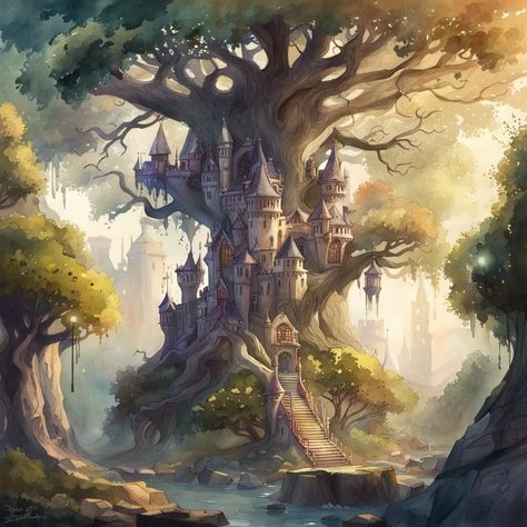 Tree Castle in Watercolor II - AI Generated Artwork - NightCafe Creator Tree Castle, Volumetric Lighting, Cafe Logo, Fantasy Castle, Art Generator, Free Fun, Cool Artwork, Beautiful Artwork, Locs