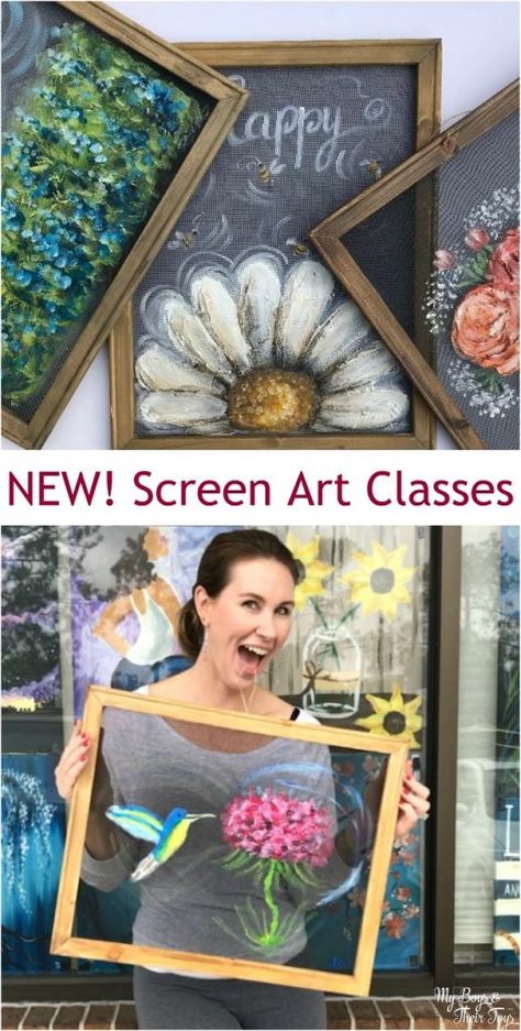 Screen Art paintings are a great way to freshen up your decor indoor or outdoors! Sparked by artist Rebecca Floss, Screen Art is a unique blend of mud and paint on a rustic wood framed screen. Find out more about Screen Art Classes at Painting with a Twist! #screenart #paint #painting #artwork #brandpartner #DIY Window Screen Crafts, Painted Window Screens, Painted Window Art, Painting With A Twist, Window Crafts, Screen Art, Screen Painting, Diy Paint, Window Art