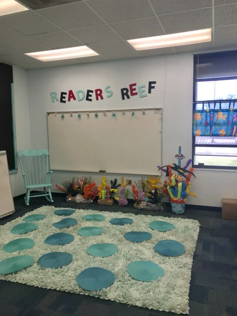 Readers Reef Reading Reef Classroom Ocean Themes, Beach Theme Classroom Decorations, Reading Reef, Fish Classroom Theme, Sea Classroom Decorations, Ocean Themed Classroom Ideas, Classroom Ocean Theme, 3k Classroom, Summer Camp Decor