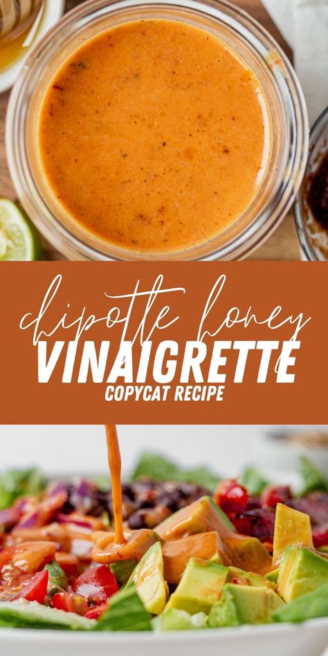 Make a batch of this chipotle honey vinaigrette and look forward to your salads all week! It's sweet from the honey, smoky from the chipotles in adobo, and tastes just like the dressing at Chipotle. Chipotle Vinaigrette Dressing, Chipotle Honey Vinaigrette, Chipotle Dressing Recipe, Chipotle Salad Dressing, Chipotle Copycat Recipes, Chipotle Vinaigrette, Chipotle Recipes, Honey Vinaigrette, Chipotle Dressing