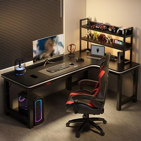 L-Shaped Gaming Desk, 90° Corner Computer Desk, Computer Table with Storage Shelves, H-Shaped Table Leg Bracket, Optional Left and Right Angles, Black Computer Table L Shape, Gaming Room Setup Corner Desk, Corner Gaming Setup, Bedroom Computer Desk, Table Leg Brackets, Corner Gaming Desk, L Shaped Gaming Desk, Gaming Desk Setup, Reading Desk