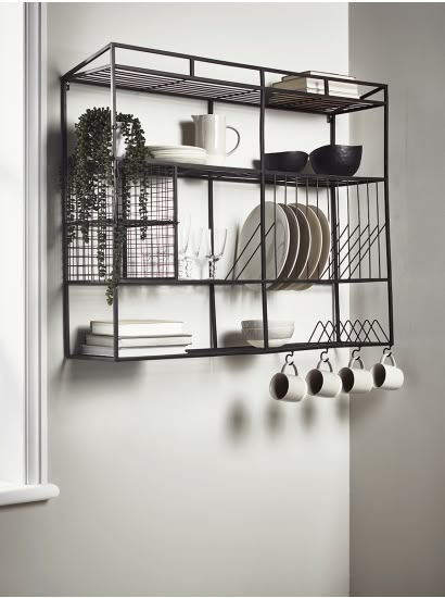 Wall Shelves & Hooks, Small Metal & Wooden Kitchen Shelves with Hooks UK Kitchen Wall Storage, Industrial Shelving, Industrial Kitchen, Wall Racks, Trendy Kitchen, Wall Storage, House And Home Magazine, Wall Unit, Industrial Furniture